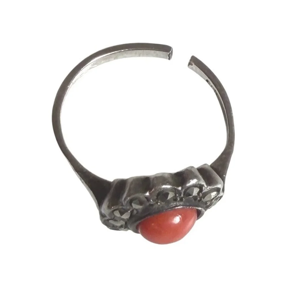 Vintage 835 Silver Red Coral Marcasite Scalloped‎ Halo DO NOT BUY